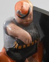 Komlós kislány könyvtámasz, kézzel festett mázas kerámia, jelzett, kis restaurálással, m: 15x11x8 cm