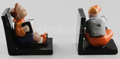 Komlós kislány könyvtámasz, kézzel festett mázas kerámia, jelzett, kis restaurálással, m: 15x11x8 cm