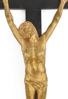 Antik feszület. Fa kereszt, aranyozott bronz Jézus figurával, kereszten hiánnyal, 61x18 cm