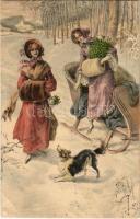 Hölgyek kutyával művészlap. M. Munk Vienne Nr. 791., Lady art postcard with dog. M. Munk Vienne Nr. 791.
