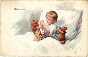 1918 Hände hoch / Children art postcard with doll and teddy bear. B.K.W.I. 869-4. s: K. Feiertag (fa)