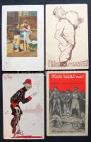 99 db régi tematikus képeslap: cserkész, katonai, repülő motívumok, reklámlapok, népviseletek, karikatúrák, érdekes anyag  / 99 old thematic cards: Scout, Military, Airplanes, Advertising, Folklor, Cartoon, interesting material