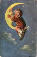 Children art postcard with the Moon, Gyerek művészlap holddal