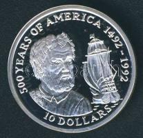 Cook szigetek 1990. 10$ Ag "Amerika 500 éve-Kolumbusz, hajó" T:PP Tanúsítvánnyal!