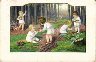 1927 Easter greeting art postcard with children and eggs. August Rökl Nr. 1476. s: Pauli Ebner (EK)