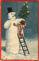 Christmas greeting art postcard with snowman (EB)