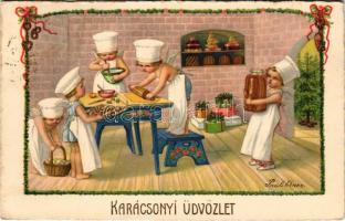 1929 Karácsonyi üdvözlet / Christmas greeting art postcard with angels baking s: Pauli Ebner (EK)