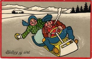 Boldog Újévet, New Year greeting art postcard with sled, winter sport
