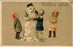 Boldog Újévet, New Year greeting art postcard with snowman