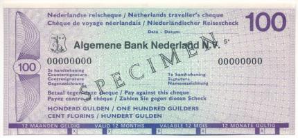 Hollandia DN Általános Holland Bank 100G SPECIMEN utazási csekk T:AU jobb szélen hátoldalt ragasztónyom  Netherlands ND General Bank Netherlands (Algemene Bank Nederland) 100 Gulden SPECIMEN travellers cheque C:AU gluemark on the right side on the back