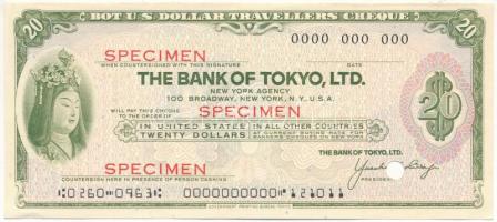 Amerikai Egyesült Államok DN Tokió Bank 20$ SPECIMEN utazási csekk lyukasztással érvénytelenítve T:AU USA ND The Bank of Tokyo, Ltd. 20 Dollars SPECIMEN travellers cheque, cancelled with holes C:AU