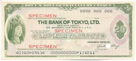 Amerikai Egyesült Államok DN Tokió Bank 20$ SPECIMEN utazási csekk lyukasztással érvénytelenítve T:AU USA ND The Bank of Tokyo, Ltd. 20 Dollars SPECIMEN travellers cheque, cancelled with holes C:AU