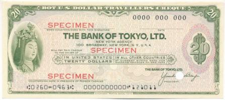 Amerikai Egyesült Államok DN "Tokió Bank" 20$ "SPECIMEN" utazási csekk lyukasztással érvénytelenítve T:AU USA ND "The Bank of Tokyo, Ltd." 20 Dollars "SPECIMEN" travellers cheque, cancelled with holes C:AU