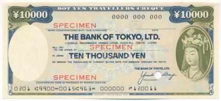 Amerikai Egyesült Államok DN Tokió Bank 10.000Y SPECIMEN utazási csekk lyukasztással érvénytelenítve T:XF USA ND The Bank of Tokyo, Ltd. 10.000 Yen SPECIMEN travellers cheque, cancelled with holes C:XF