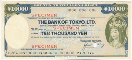 Amerikai Egyesült Államok DN "Tokió Bank" 10.000Y "SPECIMEN" utazási csekk lyukasztással érvénytelenítve T:XF USA ND "The Bank of Tokyo, Ltd." 10.000 Yen "SPECIMEN" travellers cheque, cancelled with holes C:XF