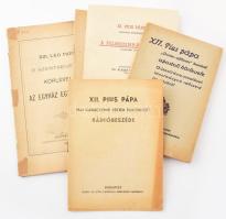 5 db régi pápai körlevél: XI. Pius pápa körlevele a katolikus egyház helyzetéről a német birodalomban. Bp.,1937, Mária-kongregáció, Kiadói papírkötés, foltos borítóval. + XI. Pius pápa apostoli körlevele a filmszínházakról. (Vigilanti Cura.) Jegyzeteket írta: Dr. Alaker György. Bp.,1941, Actio Catholica. Kiadói papírkötés, volt könyvtári példány. + XII. Pius pápa divino afflante kezdetű apostoli körlevele a Szentírásra vonatkozó tanulmányok időszerű ápolásáról. Bp.,1948, Szent István Társulat. Kiadói papírkötés, néhány lapon tollas jelölésekkel. + XII. Pius pápa 1944 karácsony estjén elmondott rádióbeszéde. Bp., 1946, Actio Catolica. Kiadói papírkötés + XIII. Leo pápa ő szentségének körlevele az egyház egységéről. Esztergom,1896, Buzárovits Gusztáv könyvnyomdája. Kiadói papírkötés, javított gerinccel, volt könyvtári példány.