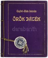 Győri-Illés István: Örök játék. Tabéry Géza előszavával. Kolozsvár, 1939, Uj Transilvania,(Oradea/Nagyvárad, "Grafica"-ny.), 69+3 p.+ 8 (cinkográfia) t. Paul Gillemot egészoldalas rajzaival és könyvillusztrációival. Kiadói egyedi, aranyozott táblájú bársonykötésben, a gerincen japán zsinórfűzéssel, aranyozott pecséttel, a borítón kis kopásnyomokkal, az elülső tábla belsején címkenyomokkal, néhány kissé foltos lappal, jó állapotban. Készült 400 számozott példányban, de ez számozatlan példány. A borító iparművészeti műremek!