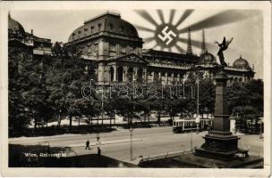 1938 Wien, Vienna, Bécs; Universität / university, tram, NSDAP German Nazi Party propaganda with swastika (EK)