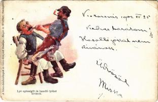 1902 Lyó egésségöt és hasolló lyókat kivánok. A Göre-levelezőlapok és Göre-könyvek kiadója Singer és Wolfner / Hungarian folklore humour art postcard s: Mühlbeck K. (EM)