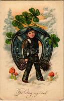 Boldog Újévet / New Year greeting art postcard with chimney sweeper, horseshoe, mushroom and clovers (EK)