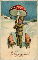 1931 Boldog Újévet / New Year greeting art postcard with pigs, mushroom and clovers (fl)