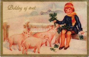Boldog Újévet, New Year greeting art postcard with pigs and clovers