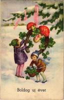Boldog Újévet, Boldog Újévet / New Year greeting art postcard with mushroom, horseshoe and clovers