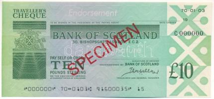 Skócia DN "Bank of Scotland" utazási csekk 10P-ről, "SPECIMEN" felülbélyegzéssel, "000"-ás sorszámmal T:AU Scotland ND "Bank of Scotland" traveller's cheque about 10 Pounds with "SPECIMEN" overprint and "000" serial number C:AU