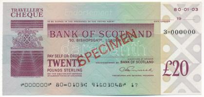 Skócia DN "Bank of Scotland" utazási csekk 20P-ről, "SPECIMEN" felülbélyegzéssel, "000"-ás sorszámmal T:AU Scotland ND "Bank of Scotland" traveller's cheque about 20 Pounds with "SPECIMEN" overprint and "000" serial number C:AU