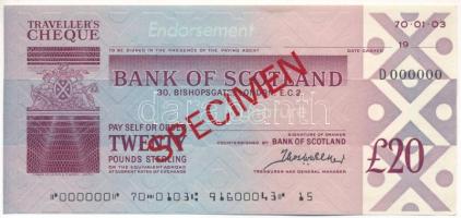 Skócia DN "Bank of Scotland" utazási csekk 20P-ről, "SPECIMEN" felülbélyegzéssel, "000"-ás sorszámmal T:AU Scotland ND "Bank of Scotland" traveller's cheque about 20 Pounds with "SPECIMEN" overprint and "000" serial number C:AU