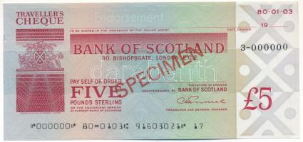 Skócia DN "Bank of Scotland" utazási csekk 5P-ról, "SPECIMEN" felülbélyegzéssel, "000"-ás sorszámmal T:AU sarokhajlás  Scotland ND "Bank of Scotland" traveller's cheque about 5 Pounds with "SPECIMEN" overprint and "000" serial number C:AU bent corner