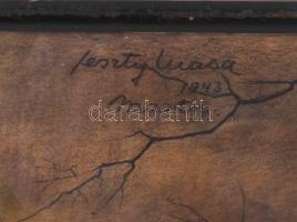 Feszty Masa (1895-1979): Martosi ház anyával és gyerekkel (Felvidék), 1943. Szén, papír, jelezve job...