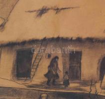 Feszty Masa (1895-1979): Martosi ház anyával és gyerekkel (Felvidék), 1943. Szén, papír, jelezve job...