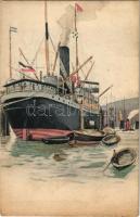 1912 Ocean liner steamship art postcard, 1912 Oceánjáró gőzhajó művészlap
