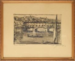 Szentgyörgyvári Gyenes Lajos (1890-1971): Firenze - Ponte Vecchio. Rézkarc, papír, jelzett, üvegezett fa keretben, 21×33,5 cm