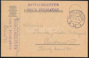 1916 Tábori posta levelezőlap SPITALSGRUPPE OBLT. FORMANEK + FP 56 a
