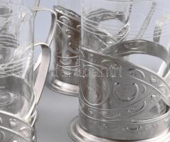 Retro üvegpohár készlet, fém tartóban, 6 db, hibátlan, m: 11 cm