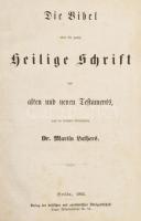 Die Bibel oder die ganze Heilige Schrift des alten und neuen Testaments, nach der deutschen Uebersetzung Dr. Martin Luthers. Berlin, 1865, Verlag der britischen und ausländischen Bibelgesellschaft. Német nyelven. Korabeli aranyozott, díszes, vaknyomásos könyvkötői egészbőr-kötésben (Bécs, M. Schlöps &amp; Co.), kissé kopott gerinccel és borítóval, márványozott lapélekkel, néhány kevés lap kissé foltos, hátsó kötéstábla belseje foltos.