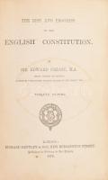 Edward Shepherd Creasy: The rise and progress of the English constitution. London, 1874, Richard Bentley & Son. Angol nyelven. 12. kiadás. 400p. Korabeli aranyozott, bordázott egészbőr-kötésben, márványozott lapélekkel, kopott gerinccel és borítóval, kissé foltos előzéklapokon Ex libris The Folio Society és korabeli tulajdonosi névbejegyzéssel.