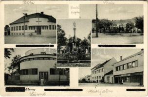 Nagysurány, Velké Surany; posta, iskola, fürdő, Szentháromság szobor, városháza / post office, school, bath, Holy Trinity statue, town hall (EK)