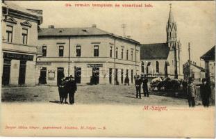 Máramarossziget, Sighetu Marmatiei; Görög katolikus román templom és vicariusi lak, Feldner Klein, Roth Herman, Kostenbaum és Klein üzletei. Berger Miksa kiadása / Greek Catholic Romanian church, shops