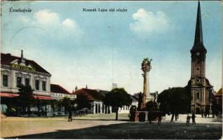 1915 Érsekújvár, Nové Zámky; Kossuth Lajos tér, templom, Nemzeti Szálloda, Pollak Vilmos üzlete, gyógyszertár. Vasúti levelezőlapárusítás / square, church, hotel, shops, pharmacy (ragasztónyom / glue marks)