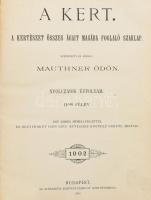 1902 Mauthner Ödön: A kert. A kertészet összes ágait magába foglaló szaklap VIII. évf. 2. félév. 13,15-24 számok. Szerk.: - -. Bp.,1902,Athenaeum, VIII+385-415+1,449-771+1 p.+1 (egészoldalas színes litografált képtábla, lebrun vajkörte) t. Egészoldalas és szövegközti fekete-fehér képanyaggal illusztrált, közte fametszetű illusztrációkkal, egy szám hiányzik a félévből (14. sz.)