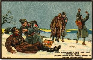 WWI Austro-Hungarian K.u.K. military art postcard, Hungarian Red Cross medics giving first aid to Bulgarian soldiers. Charity card for the Bulgarian Red Cross fund, litho, Magyar vöröskeresztesek a testvér bolgár nemzet sebesültjeit áolják. Testvéri üdvözletét küldi a vitéz bolgár nemzetnek Magyarországból... a Bolgár Vöröskereszt javára, litho