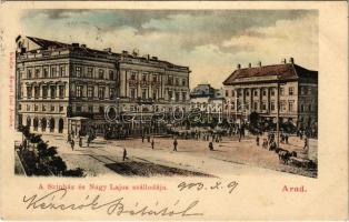 1903 Arad, Andrássy tér, Színház, Múzeum, Michl színházi sörcsarnoka, Nagy Lajos szállodája a Fehér kereszthez, kávéház, üzletek. Kerpel Izsó kiadása / theatre, museum, street view, beer hall, hotel and café, shops