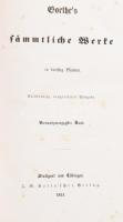 Goethe, Johann Wolfgang von: Goethes sämmtliche Werke in dreißig Bänden. Vollständige, neugeordnete Ausgabe. 24. kötet. Stuttgart és Tübingen, 1850, Cotta. Német nyelven. Későbbi aranyozott és bordázott gerincű egészbőr-kötésben, márványozott lapélekkel, kopott gerinccel és borítóval, foltos lapokkal. Csak a 24. kötet!