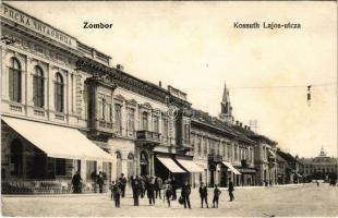 1908 Zombor, Sombor; Kossuth Lajos utca, Knipl Gáspár sörcsarnoka, bank és bizományi üzlet, Schlieszer Testvérek üzlete / street, beer hall, shops (EK)