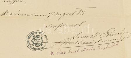 1871 Emresz Sámuel Modor polgármesterének autográf aláírással ellátott levele Bazin (Bőszing) polgár...