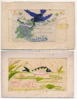 22 db RÉGI hímzett selyem üdvözlő képeslap vegyes minőségben / 22 pre-1945 embroidered silk greeting postcards in mixed quality