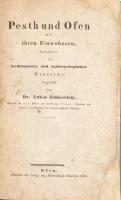 Jankovich, Anton: Pesth und Ofen mit ihren Einwohnern, besonders in medicinischer und anthropologischer Hinsicht, dargestellt von Dr. - -. Ofen [Buda], 1838., Gedruckt mit königl. Ung. Universitäts-Schriften, XIV+2+261+14 p. + 2 (kihajtható táblázatok) t. Német nyelven. Egyetlen kiadás. Átkötött modern kartonált papírkötés, restaurált címlappal, foltos lapokkal. Ritka!    A szerző, Jankovich Antal (1799-1886) József és István nádorok udvari főorvosa volt. Jankovich helyirata, nemcsak mint az első Pest-Budai orvosi helyleírás érdemel figyelmet, hanem azért is, mert valóban minden vonatkozásában értékes adatokat és megállapításokat tartalmaz. Ismerteti a két város települési viszonyait, az egyes városrészek életviszonyait, a lakásügyet, az ivóvízellátást, a művelődési viszonyokat, iskolákat, stb. A kor legelterjedtebb betegségei a szerző szerint: köszvény, vérbaj, tüdősorvadás, aranyér. A gyakoribb gyermekbetegségek: agyvízkór, croup, rachitis, atrophia, vörheny. Leírásából kiderül, hogy Pesten négy, Budán három tisztiorvos volt, akiknek decentralizációját javasolja, a külterületeken lakó szegényebb betegek orvosi ellátásának javítása érdekében.